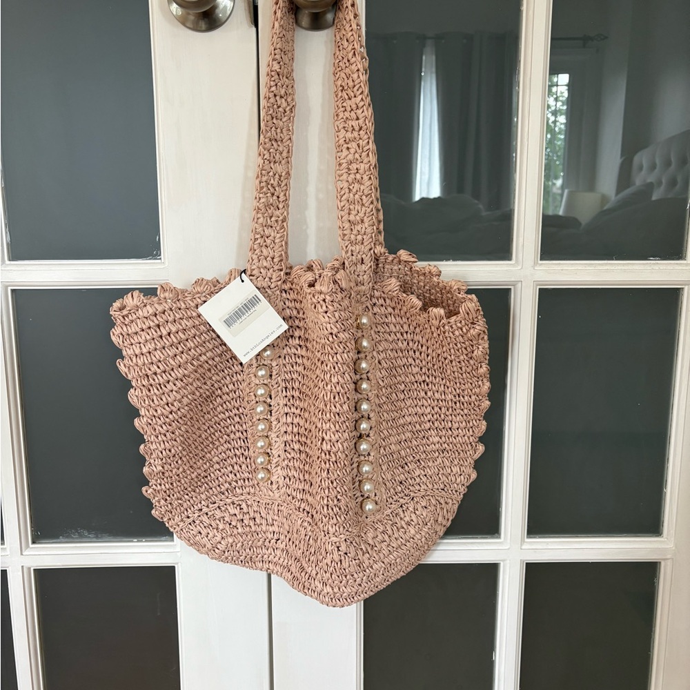 BTB Los Angeles Lisbeth Straw Tote “Dusty” Pearl Embellished
